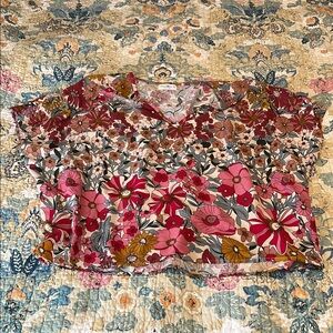 NATURAL LIFE Pink and Yellow Ruched Crop Blouse Cap Sleeve